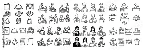 Restaurant icons collection with diverse staff and scenes