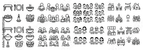 Hand-drawn dining icons and diverse family gatherings