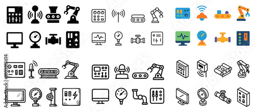 Industrial icon set with robots and machinery