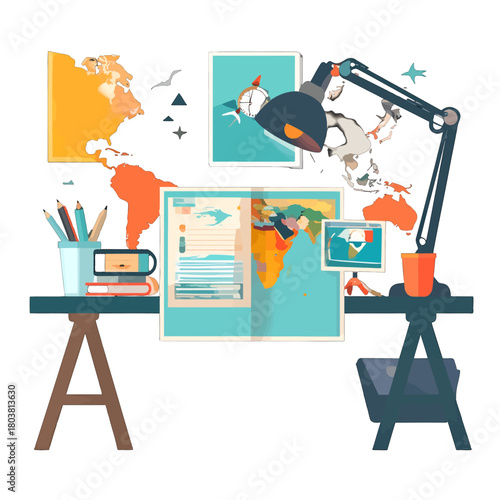 Workspace with World Map Graphic Charts and Study Lamp on Desk in Clean Presentation Style