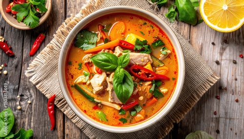 A vibrant bowl of Thai red curry soup filled with chicken, carrots, zucchini, chili peppers, and basil, garnished with fresh cilantro and served on a rustic woo