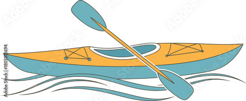 Hand drawn illustration of a yellow and blue kayak with a paddle on water