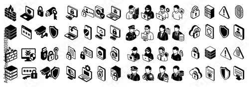 Cybersecurity icons: devices, shields, locks, people