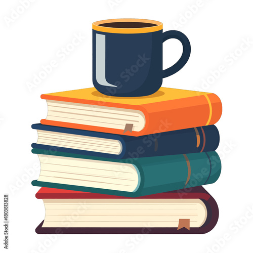 Stack of Books with Dark Blue Mug in Pixel Art Style