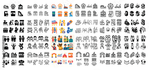 Amusement park icon set with diverse family characters