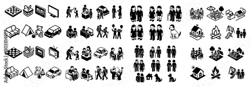 Isometric family activities in black and white