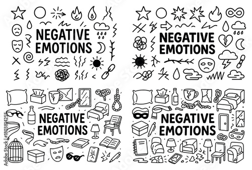Negative emotions doodle set with various icons