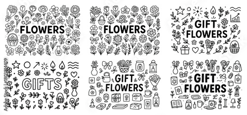 Floral and gift doodles collection in black and white