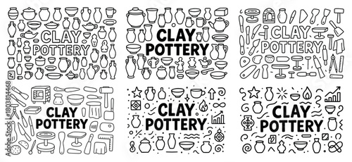 Clay pottery icons and tools collection set