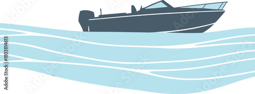 Dark blue speedboat gliding through light blue wavy water