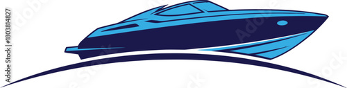 Sleek blue speedboat gliding over a stylized wave