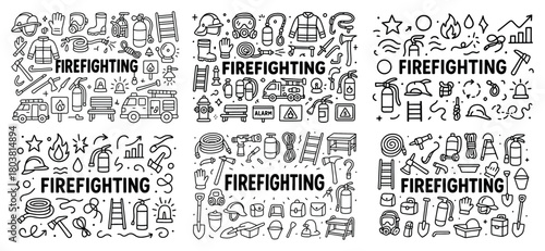 Firefighting equipment doodles and safety symbols