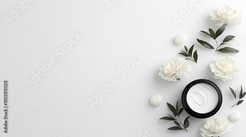 A black jar of white cream is surrounded by white peonies, green leaves, and smooth white stones on a clean white surface.