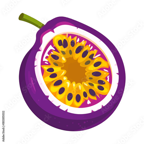 Halved Passion Fruit with Yellow Pulp and Black Seeds on White Background