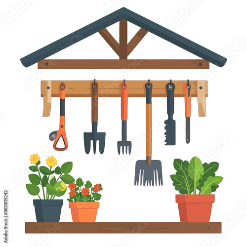 Garden Tools Hanging on Wooden Shelf with Plants in Pots Pixel Art