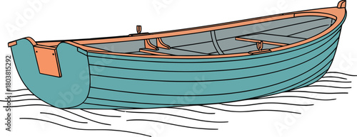 Turquoise wooden rowboat resting on gentle waves illustration
