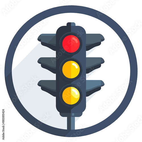 Pixelated Traffic Light with Red Yellow and Orange Lights Inside a Circle on White Background