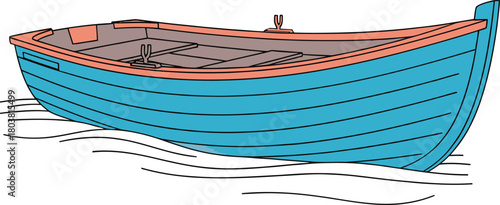 A simple blue wooden rowboat floats gently on wavy water