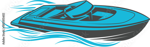 Blue speedboat cutting through stylized blue water waves illustration