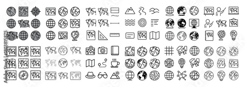 Globe icons and world map symbols collection
