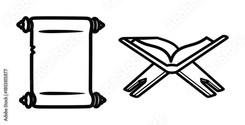 Islamic religion vector includes book on stand and old scroll. Traditional symbols of islam.