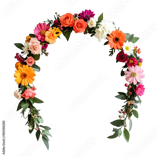 Floral Archway of Colorful Blossoms and Lush Greenery on White Backdrop