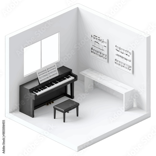 Isometric View of White Room with Black Piano Stool Bench Sheet Music and Window