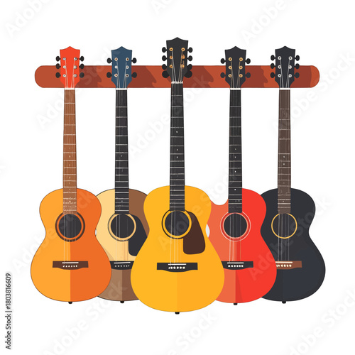 Collection of Colorful Acoustic Guitars Hanging on Wooden Rack Against White Background Flat Style Musical Instruments in Warm Lighting