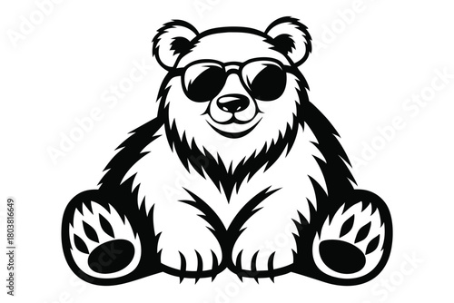 Smiling bear wearing sunglasses sits comfortably, showcasing a cool and relaxed expression in black and white