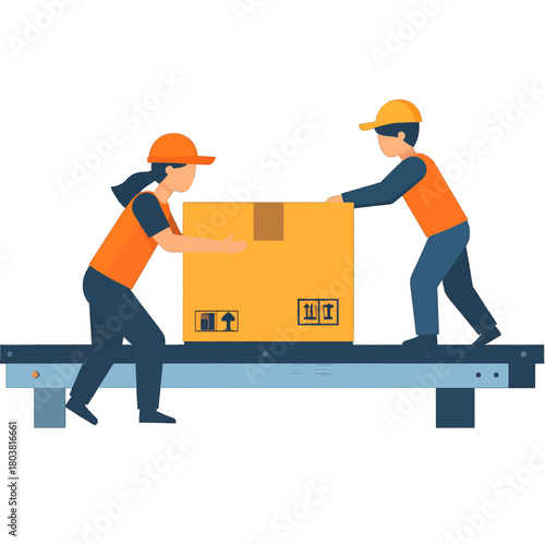 Illustration of Two Workers Pushing a Cardboard Box on a Conveyor Belt with an Orange and Blue Color Scheme on White Background