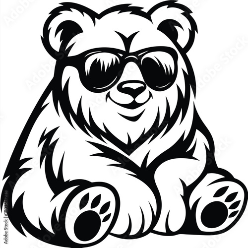 Smiling bear with sunglasses sits playfully, showcasing its adorable paw details in black and white