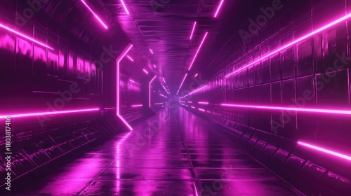 Fototapeta Naklejka Na Ścianę i Meble -  Futuristic neon pink light tunnel extending into infinity