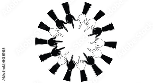 Diverse hands pointing inwards showcasing unity and collaboration today