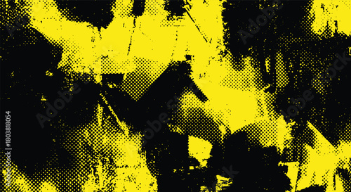 Yellow and black halftone texture with grunge design. Distressed dirty backdrop with damaged effect.