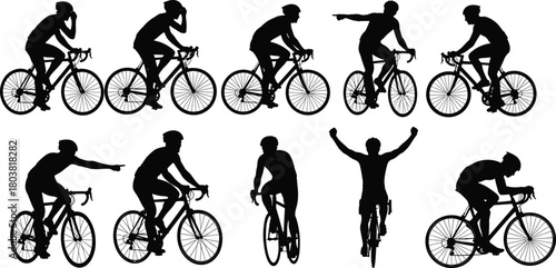Cyclist silhouette vector set, road bike rider poses, cycling athlete illustrations for sports design, race competition graphics, training exercise, fitness activity artwork