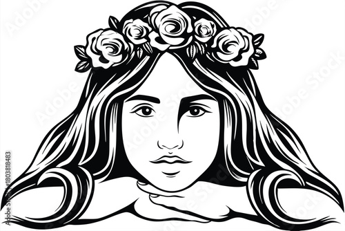 Striking black and white woman portrait wearing flower crown resting chin on hand in monochrome