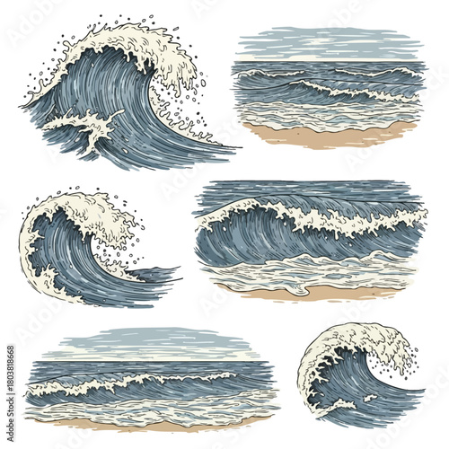 Sea waves sketch VECTOR STYLE. Storm wave, vintage tide and ocean beach storms hand drawn vector illustration set.eps