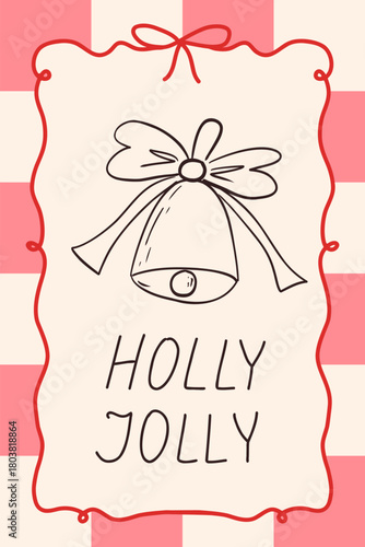 Winter whimsical hand drawn card, poster design. Coquette bell and bows in red frame with lettering. Elements with charming and elegance. Christmas party, vector illustration.