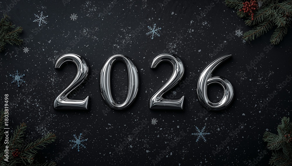 Fototapeta premium Gleaming silver 2026 numerals on a dark textured background with delicate snowflakes and evergreen branches creating a festive and anticipatory atmosphere for the new year