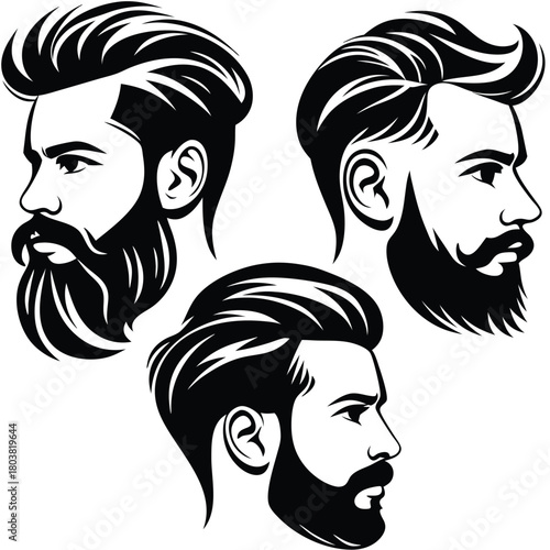 Stylish bearded man profile views reveal unique hairstyles in black silhouette