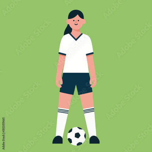 A female soccer player in uniform stands with a soccer ball on a green background, representing sports and athleticism.