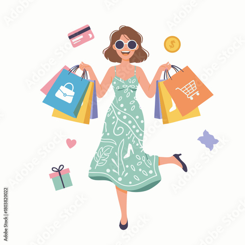 A joyful woman with shopping bags, surrounded by shopping-related items like credit card, coin, and gift box.