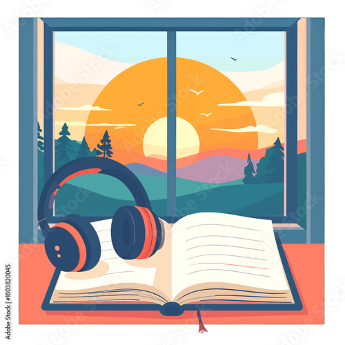 Open Book and Headphones on Table with Sunset View through Window