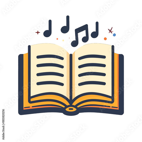 Stylized Open Book with Musical Notes and Sparkles in a Whimsical Style Illustration with Yellow Pages and Dark Blue Binding