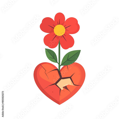 Stylized Red Flower Growing from a Cracked Heart on White Background