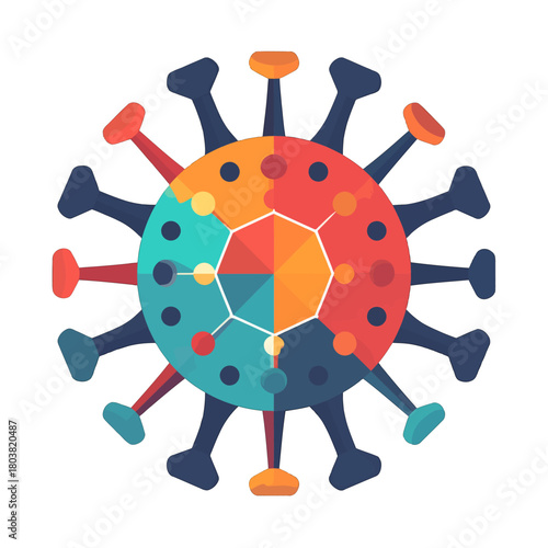 Colorful Virus Illustration with Geometric Design on White Background, Abstract Viral Microbe Structure with Spikes and Cellular Pattern, Flat Vector Design