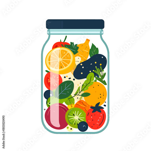 Illustration of Assorted Colorful Fruits and Vegetables in a Glass Jar with a Dark Blue Lid Against a White Background