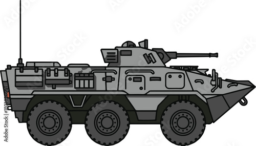 A detailed side view illustration of a military six-wheeled armored personnel carrier (APC) or armored fighting vehicle (AFV) with a mounted turret gun.