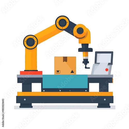 Automated Robotic Arm Assembling Cardboard Box on Platform Isolated on White Background