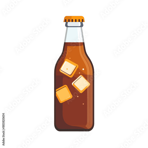 Glass Bottle With Brown Liquid and Ice Cubes on White Background